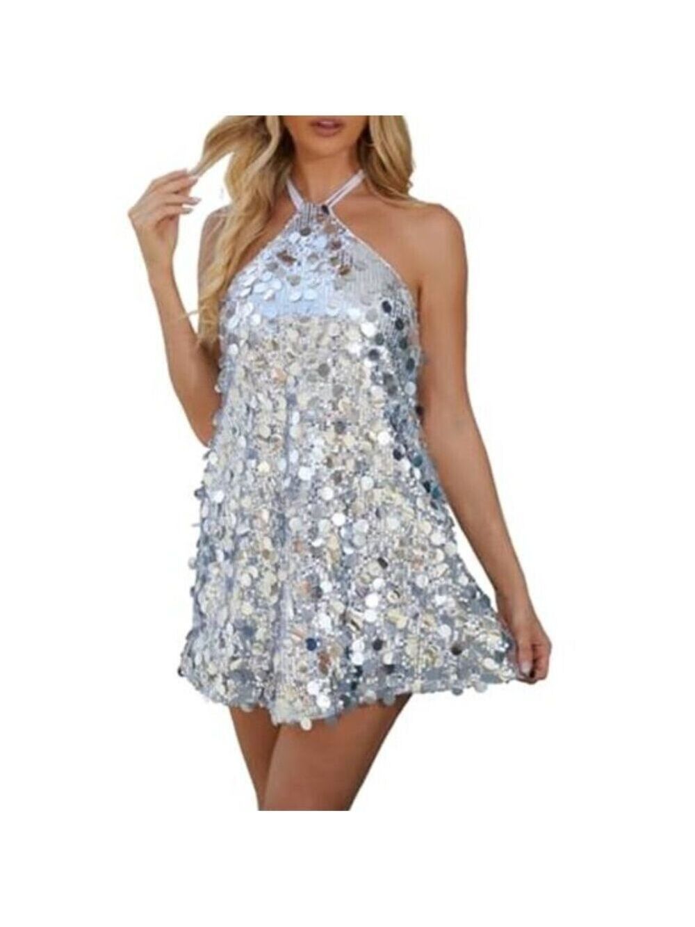Women's Silver Sequin Sparkly Glitter Dress Halter Neck Sexy Sleeveless